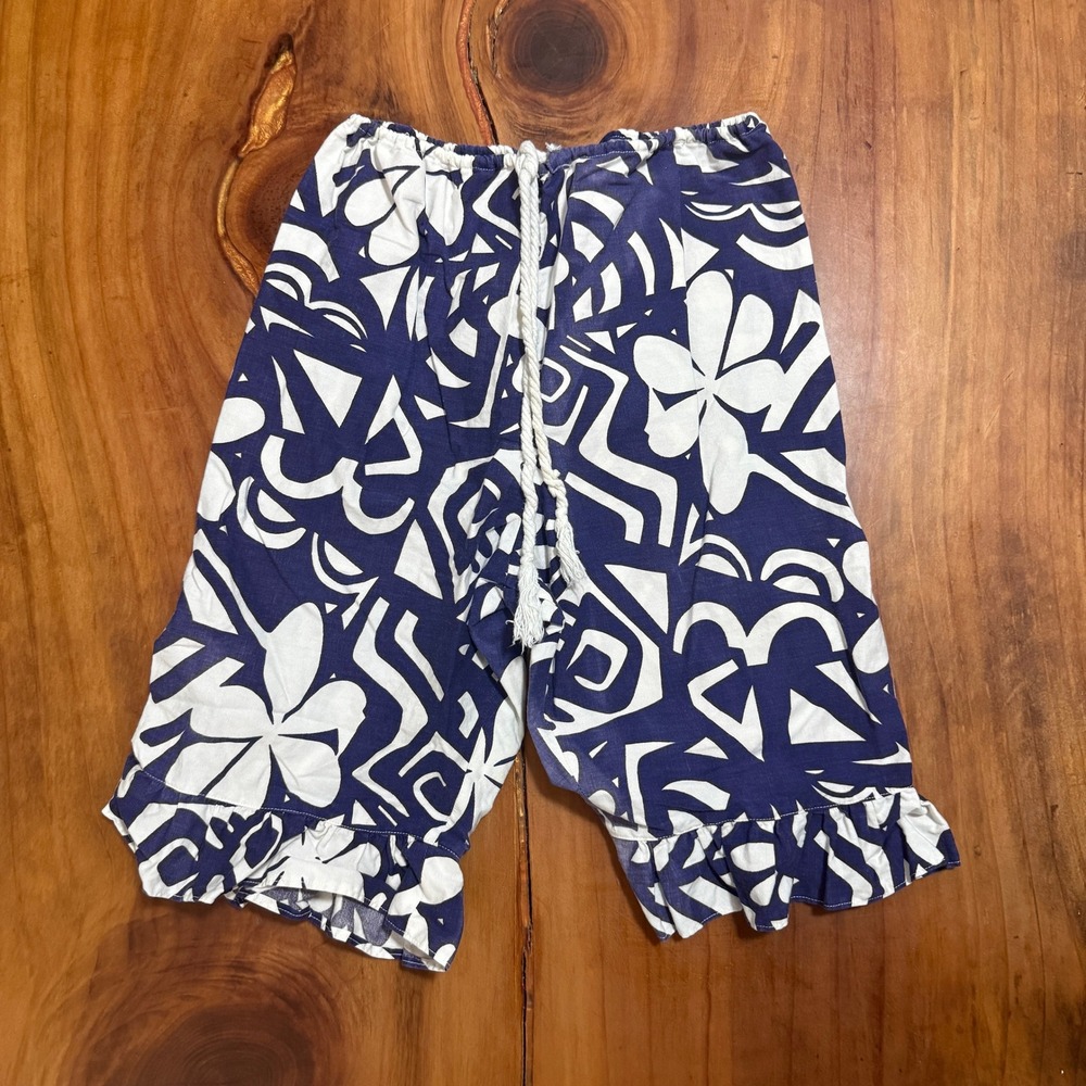 Vintage 70s 60s hawaiian Shorts Floral Cotton Bloomer Ruffle Drawstring Navy F19